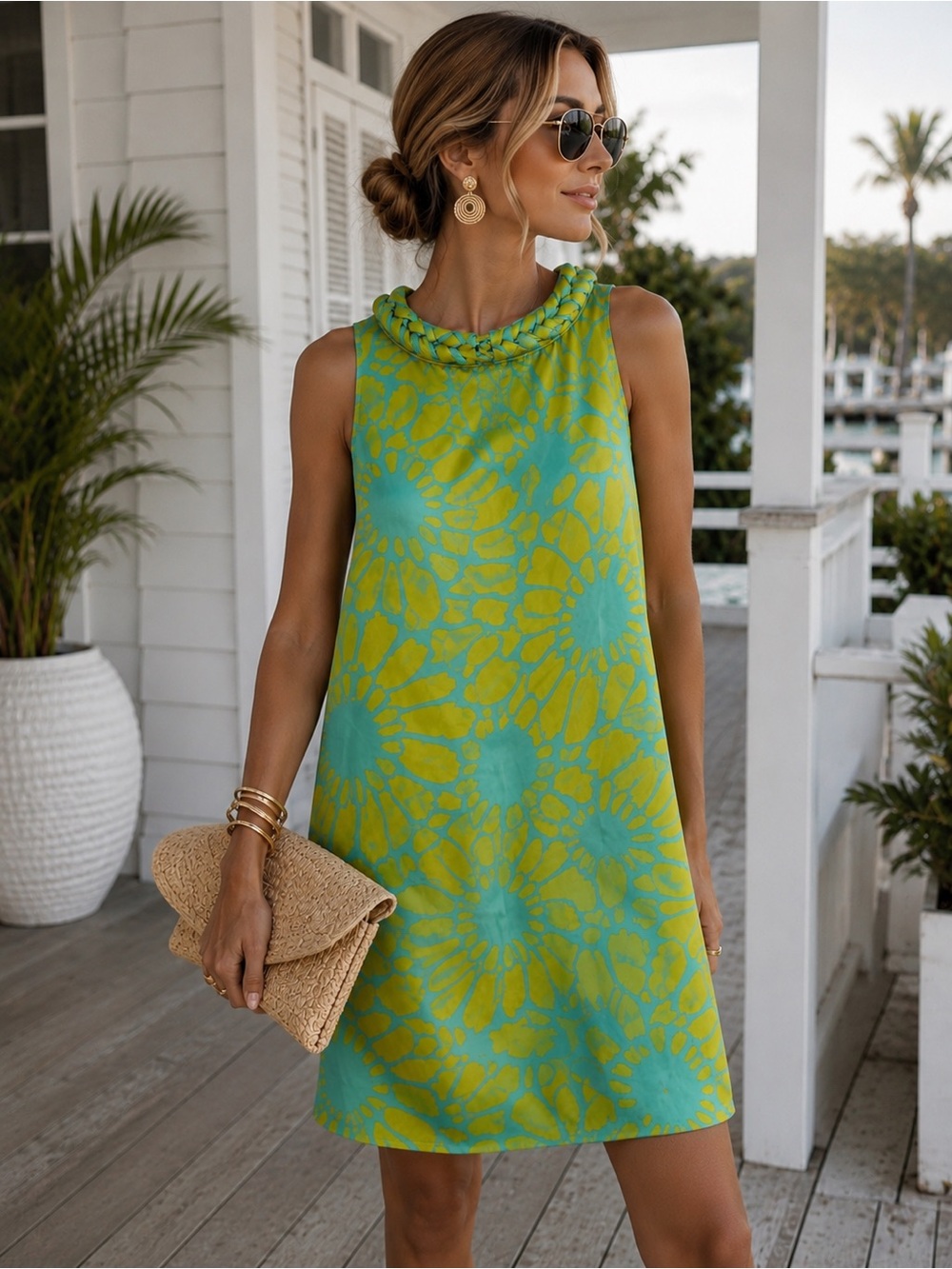 Tracy Negoshian Braided Neck Floral Print Shift Dress Small Old Money